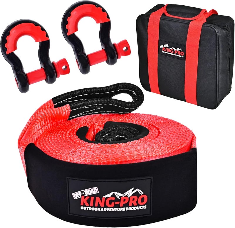 KING-PRO Snatch Strap Recovery Kit 3" x 20ft, 33,000lbs Breaking Strength with 23% Elongation, 100% Nylon Kinetic Towing Strap with 2pcs Heavy Duty 3/4 D Ring Shackles for Truck SUV ATV Off Road - Image 1